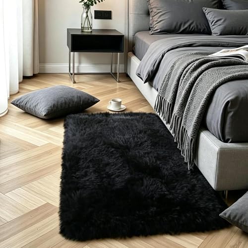 Black Fluffy Shag Rug, Machine Washable Non Slip Plush Floor Carpet by KICHOWUA