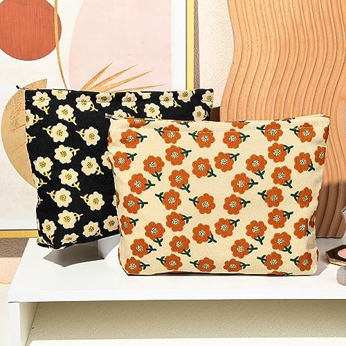 SOIDRAM 2 Pieces Flower Makeup Bag Large Corduroy Cosmetic Bag Capacity Canvas - Image 6