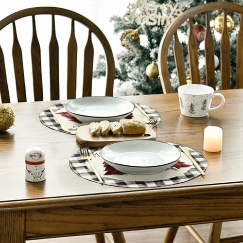 Artoid Mode Waterclor Buffalo Plaid Christmas Trees Merry Xmas Round Placemats - Image 4
