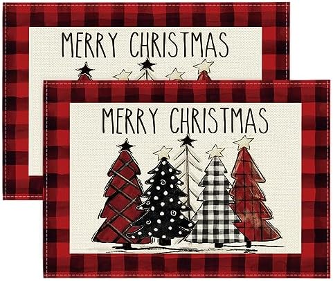 Artoid Mode Red and Black Buffalo Plaid Christmas Trees Placemats Set of 2 by ArtoidMode
