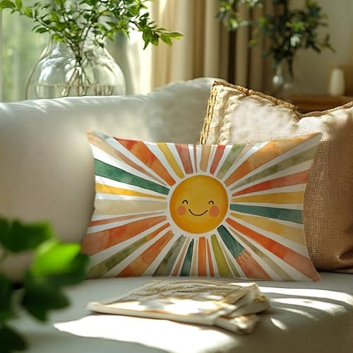 Boho Colorful Sunshine Rainbow Pillow Cover 20x12, Cute Sun Room Bedroom - Image 3