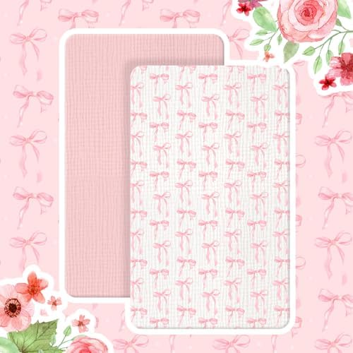 Breling 2 Pcs Muslin Pink and Pink Bow Crib Sheets - Image 3