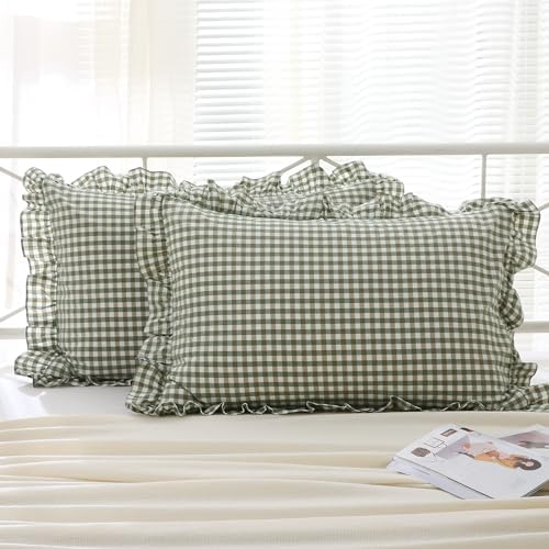 2 Pack Sage Green Gingham Ruffle Pillow Shams King Size 20"x36" by KMASANIJI