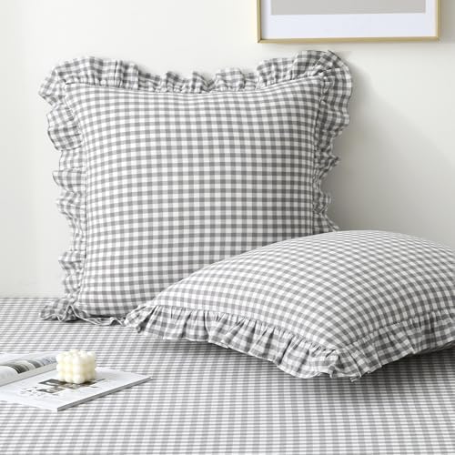 2 Pack Grey White Plaid Ruffle Gingham Euro Pillow Shams, 100% Washed Cotton by KMASANIJI