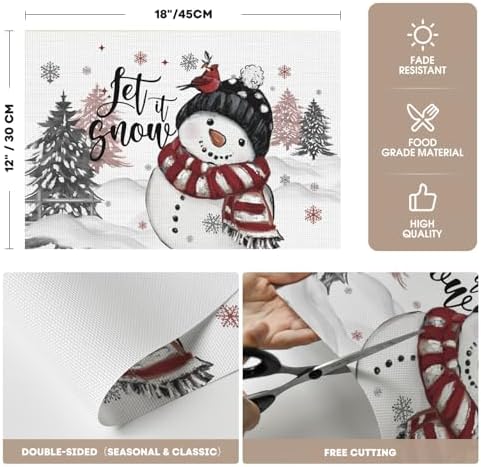 Artoid Mode Snowman Vinyl Christmas Placemats Set of 4, 12x18 Inch Washable - Image 6