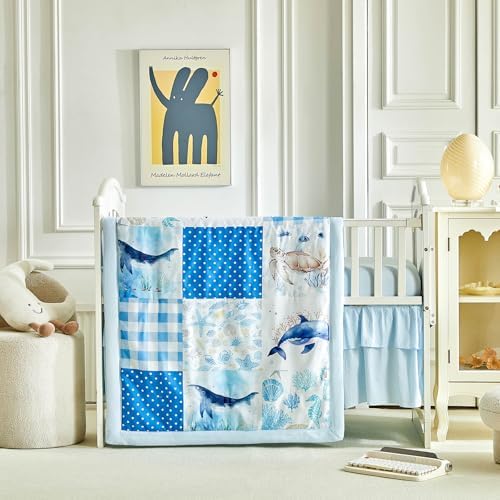 Patchwork Crib Bedding Set Blue Ocean Plaid Design 3 Pieces Baby Cute Quilted - Image 2