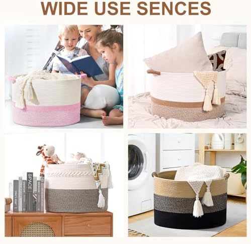 67L Large Blanket Basket, Cotton Rope Blanket Basket Living Room, Baby Laundry - Image 5