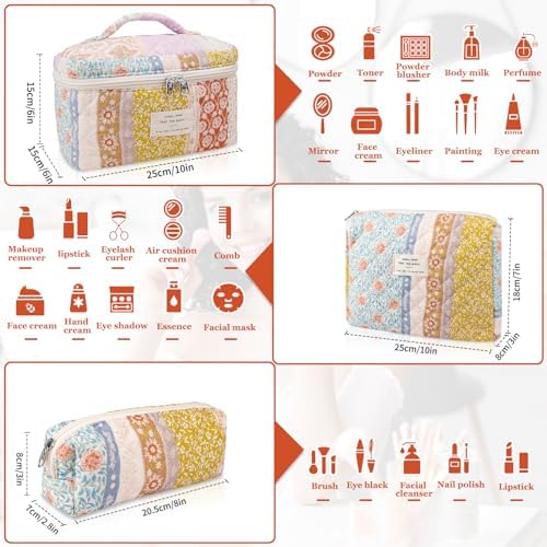 Gosect Quilted Makeup Bag Set, Large Floral Cosmetic Bag - Image 2
