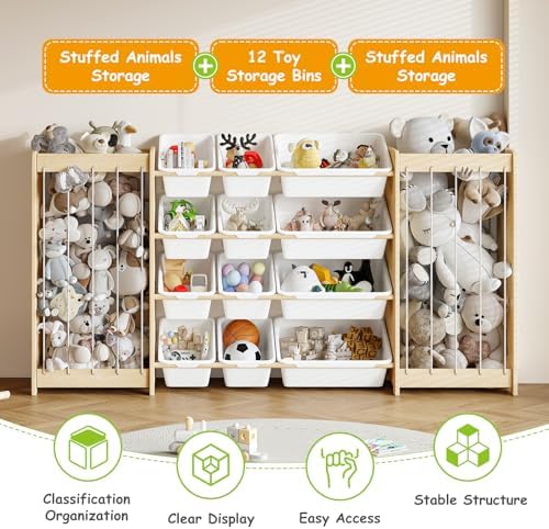 EXPERLAM Large Toy Storage Organizer, Wooden Stuffed Animal Storage & 12-Bins - Image 4