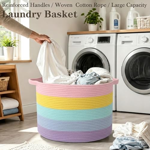 115L Large Blanket Basket, Rope Woven Laundry Basket-Colorful - Image 5