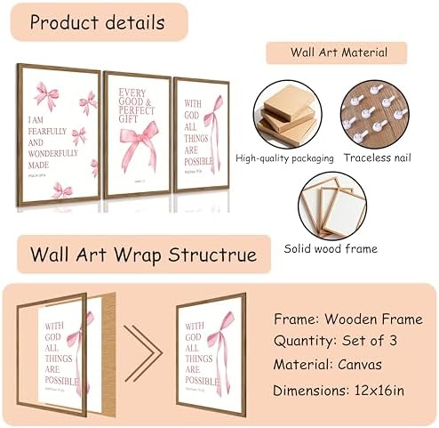 JBZDD Wood Coquette Pink Bow Canvas Wall Art Set of 3, Inspirational Bible - Image 3