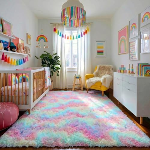 Amdrebio Rainbow Unicorn Pastel Shag Area Rug 5x7 - Image 5