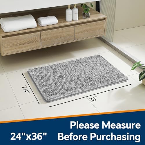 Chenille Bathroom Rug 24"x36" Gray, Non-Slip Plush Bath Mat - Image 2