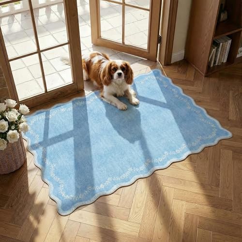 GarveeHome Scalloped Entryway Rug 2x3 Blue Washable Front Door Entry Rug by GarveeHome