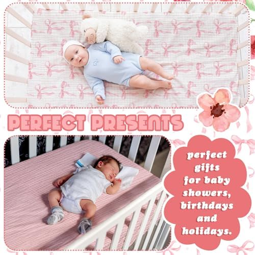 Breling 2 Pcs Muslin Pink and Pink Bow Crib Sheets - Image 4
