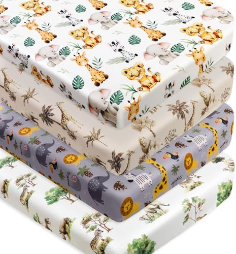 4 Pack Safari Jungle Animals Neutral Unisex Fitted Nursery Baby Sheets Set by FIGEPO