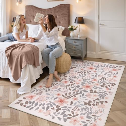 Lahome Apricot Girls Bedroom Nursery Rug, 5x7 Fall Floral Boho Area Rug - Image 2
