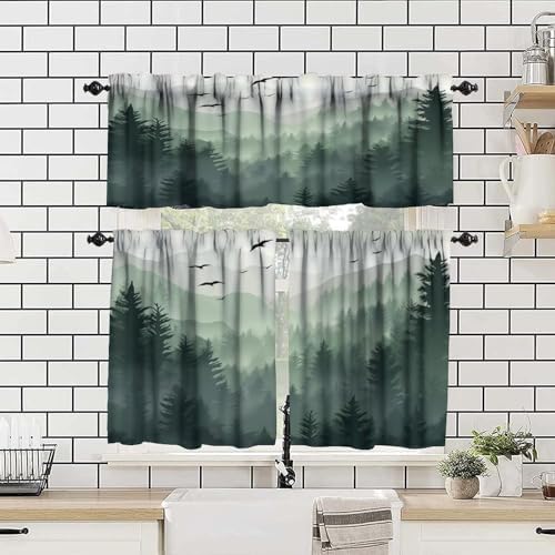Forest Valance Curtain for Kitchen, Watercolor Green Forest Flying Birds Nature - Image 4