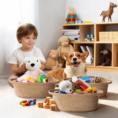 Small Brown Woven Basket, Cotton Rope Kid Dog Cat Toy Bin Box, Cute Oval Baby - Image 5