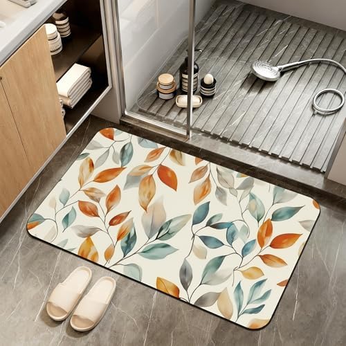 Autumn Leaves Bath Mat, Fall Colorful Diatomaceous Earth Bath Mat, Rubber by ZTHLL