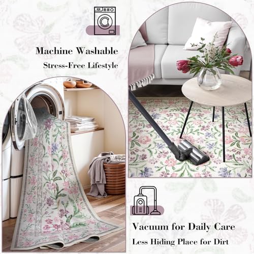 Wonnitar Floral Washable Round Rugs 6ft, Ultra-Thin Non Slip Boho Carpet - Image 5
