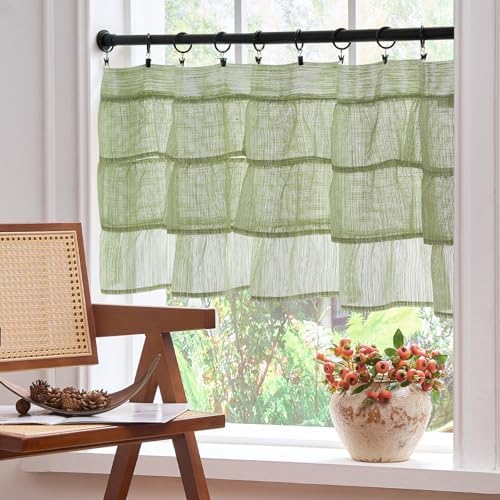 jinchan Ruffled Valance Curtain 18 Inch Farmhouse Sheer 1 Panel Sage Green - Image 4