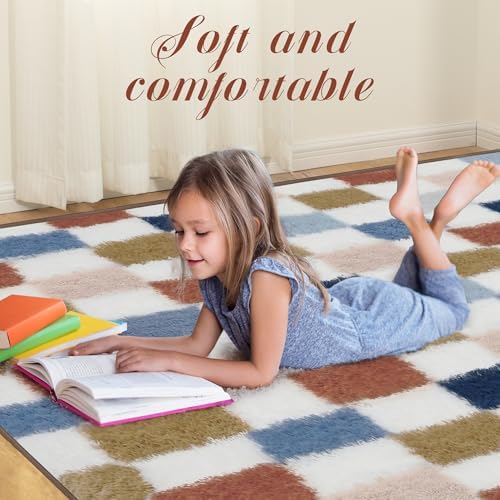 Super Soft Rug for Bedroom, 4x6 Ft Rainbow Area Rug Classic Checkered Shaggy - Image 2