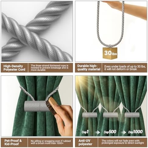 Hion Magnetic Curtain Tiebacks Grey 6pcs, Curtain Holdbacks Hooks Holders - Image 3