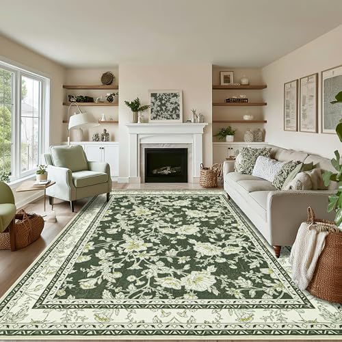 Olive Green Rug 6x9 for Dining Room Sketch Patterned Washable Area Rugs - Image 2
