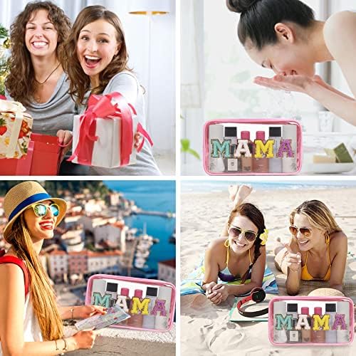 Iqimott Clear Patch Makeup Bag Mama Pouch, Preppy Personalized Chenille Letter - Image 6