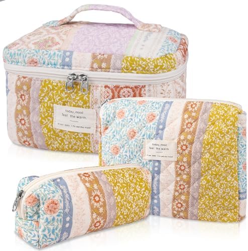 Gosect Quilted Makeup Bag Set, Large Floral Cosmetic Bag by Gosect