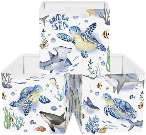 11.8" Marine Animals Cube Storage Organizer Set 3Pcs Ocean Sharks Turtles Cube by HUUMONSS