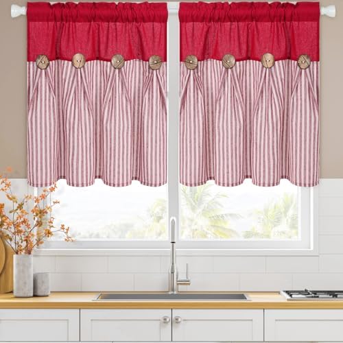 ASPMIZ Linen Kitchen Curtains 24 Inch Length, Farmhouse Boho Button Kitchen by ASPMIZ