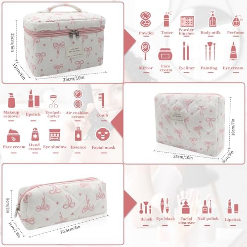 Gosect Quilted Makeup Bag Set, Cute Cotton Makeup Bags, Flower Travel Toiletry - Image 2