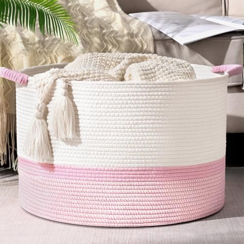 67L Large Blanket Basket, Cotton Rope Blanket Basket Living Room, Baby Laundry by Degeyoyo