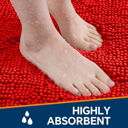Chenille Bathroom Rug 26"x44" Red, Non-Slip Plush Bath Mat - Image 4