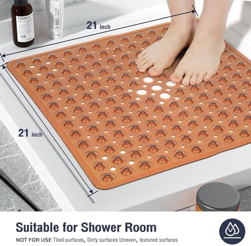 Square Shower Mat Bathtub Bath Mat Non Slip Clear Brown 21"x21" - Image 5
