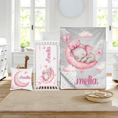 Custom Baby Girl Minky Crib Bedding Set, Elephant Bedding 3 Pcs Set by Duckbe