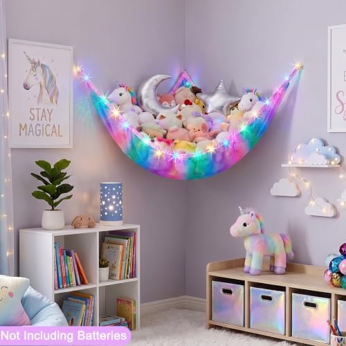 Stuffed Animals Hammock with LED Light Toy Net Room Decor Corner Storage - Image 2