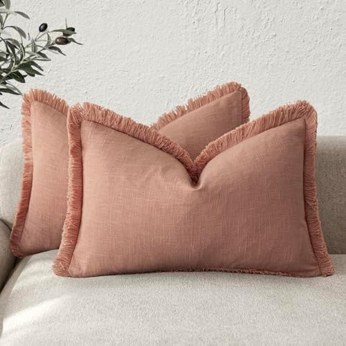 Foindtower Boho Linen Fringe Lumbar Throw Pillow Covers 12×20 Coral Pink by Foindtower