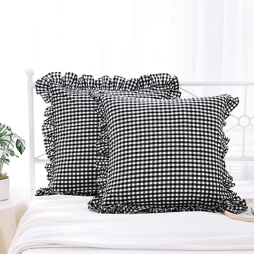2 Pack Black White Gingham Ruffle Throw Pillow Covers 22''x22'' - Image 2