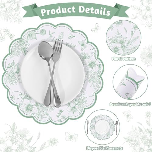 60 Pcs Sage Green Floral Paper Placemat, Disposable Scalloped Table Mat - Image 4