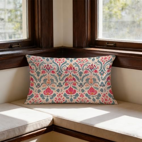 Vintage Boho Pink Teal and Gold Damask Floral Pillow Covers 12x20, Ethnic - Image 3