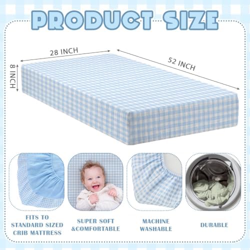 Breling 2 Pcs Muslin Blue and Blue Gingham Crib Sheets - Image 2