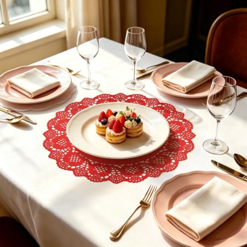 MCEAST 100 Pack Round Red Paper Doilies 13.5 Inches Lace Paper Place Mats - Image 5
