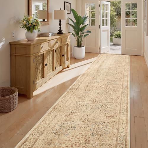 Floral Animal Neutral Tan 2x10 Long Hallway Entryway Runner Rug, Washable Non by Jainmy