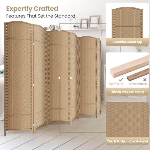 6 Panel Folding Room Divider, Woven Privacy Screen, Light Beige - Image 2
