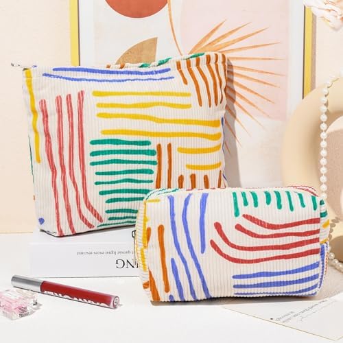 SOIDRAM 2 Pieces Stripes Makeup Bag Large Corduroy Cosmetic Bag Capacity Canvas - Image 2