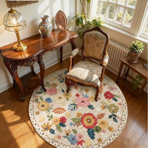 4ft Washable Round Rugs for Bedroom: Circle Living Room Rug Floral Vintage Non by palohom