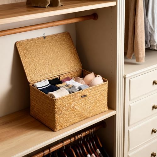 Nonam Large Wicker Basket with Lid, Seagrass Shelf Storage Basket - Image 4